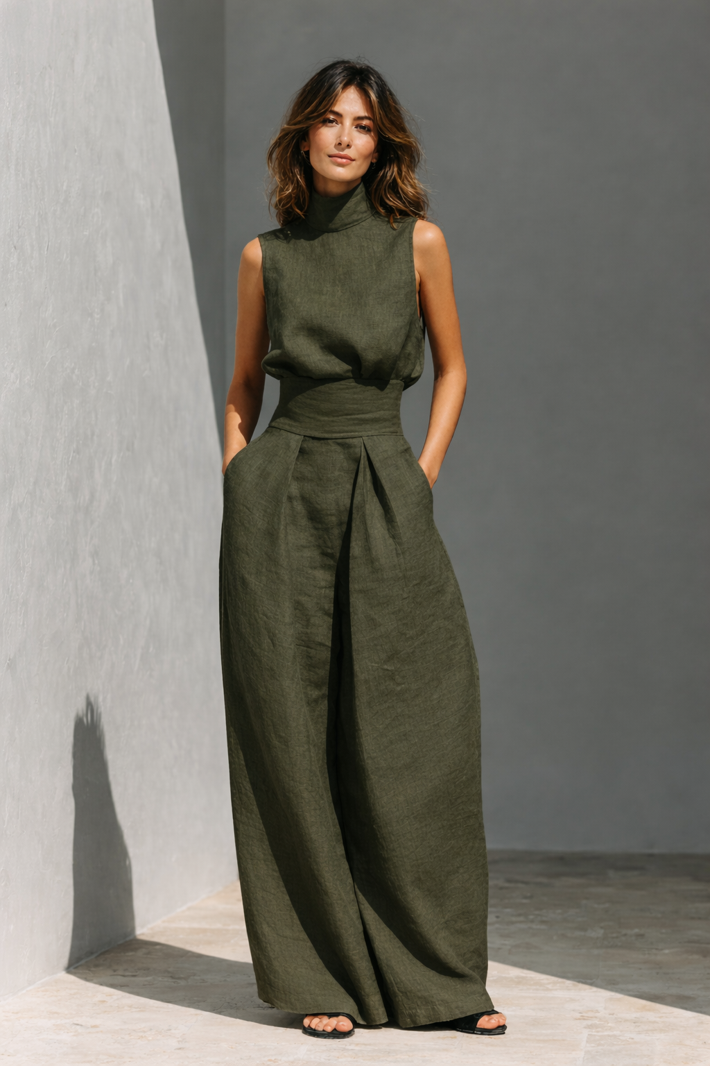 María - Conjunto de top y pantalones anchos de algodón y lino minimalista para mujer
