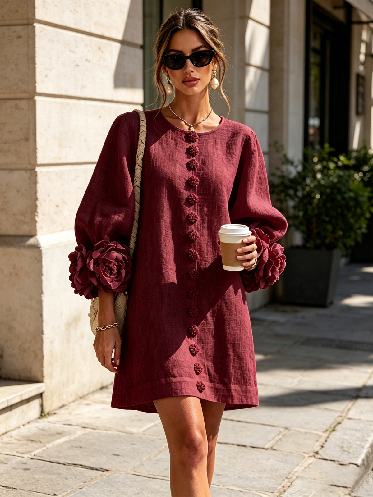 Ilaria | Vestido Mini de Lino Mezclado con Puños de Rosa, Burdeos