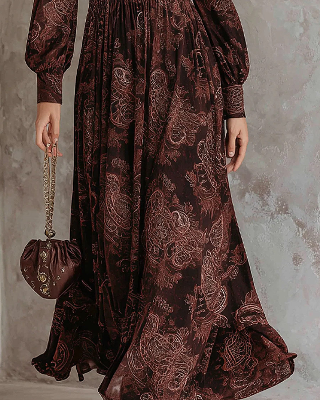 Arianna | Vestido largo paisley con cintura definida, marrón · foto 3