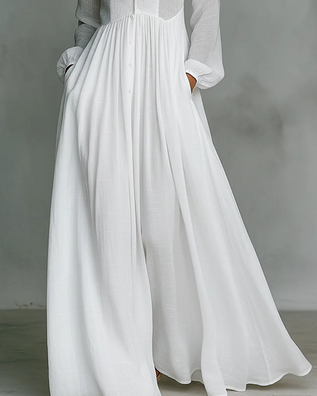 Leonora | Vestido largo de cuello mao y botones, blanco · foto 3