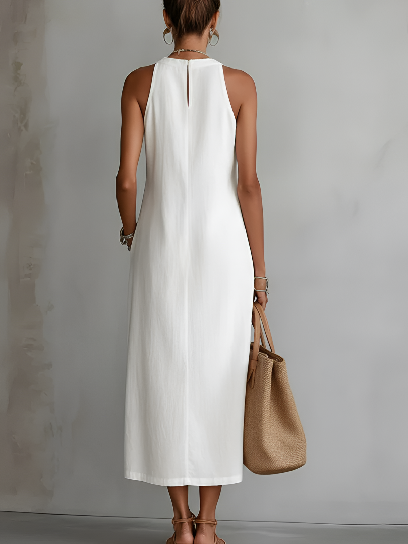 Nalia | Vestido midi de lino con cuello mao