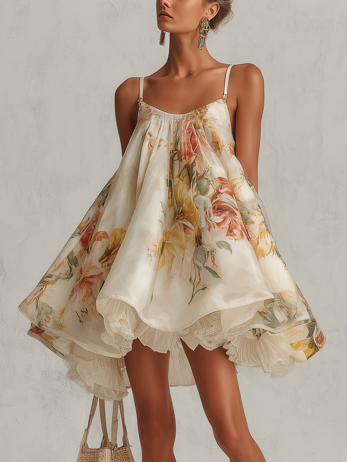 Mini vestido en línea A de organza floral beige con ribete de encaje