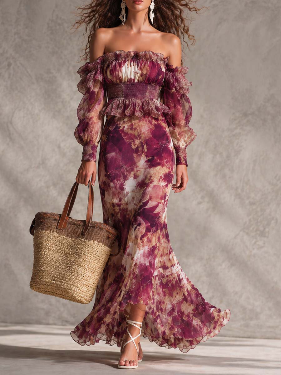 Vestido Maxi con Hombros Descubiertos en Rosa Antiguo con Motivo Floral