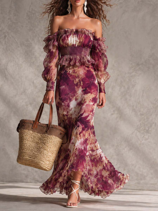 Vestido Maxi con Hombros Descubiertos en Rosa Antiguo con Motivo Floral