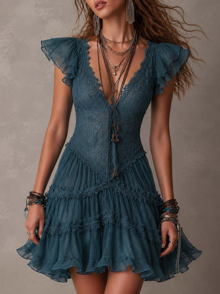 Mini Vestido con Volantes de Encaje Azul Retro y Gasa