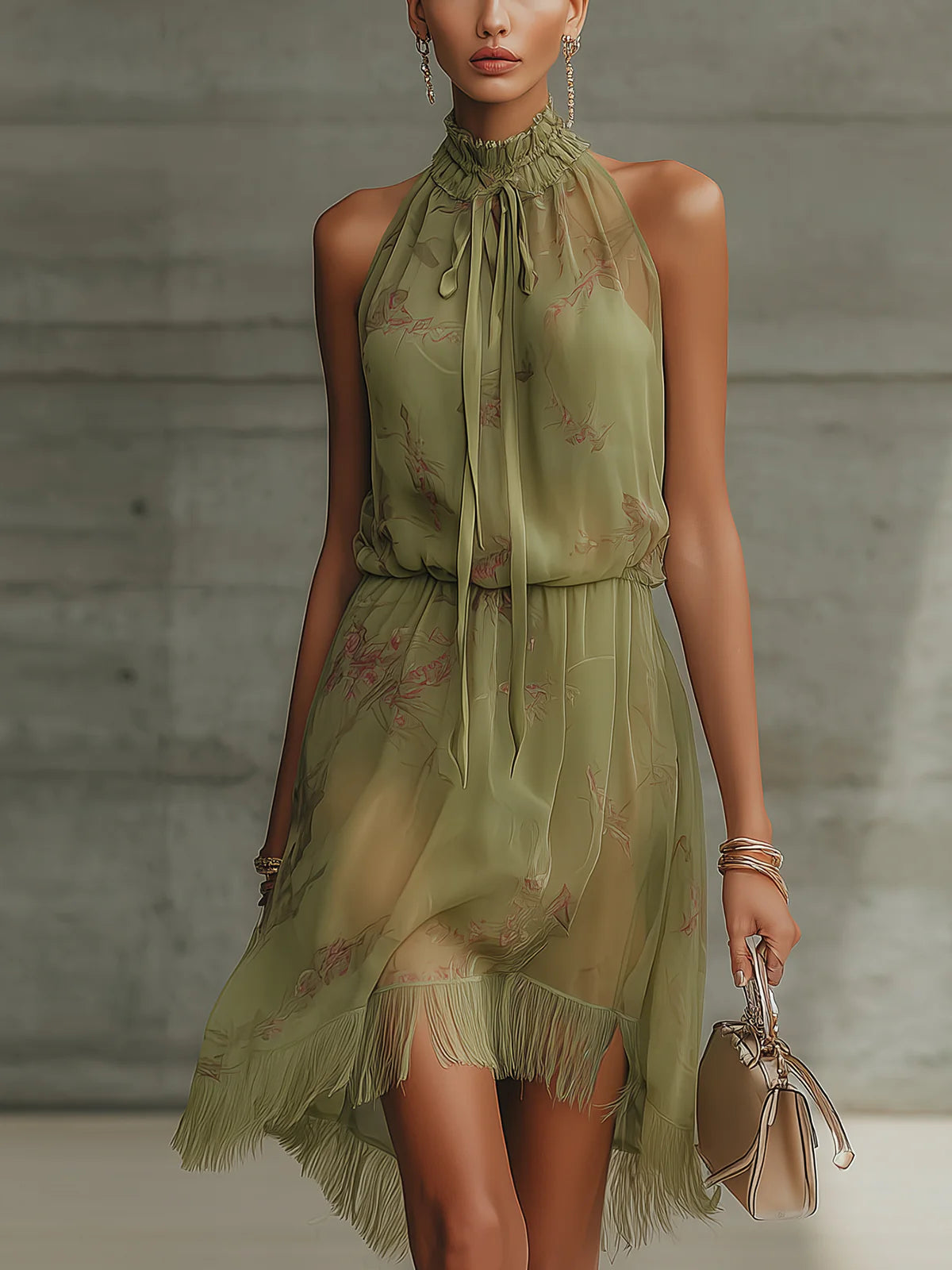 Mini Vestido de Gasa con Flor Verde y Cintura Alta