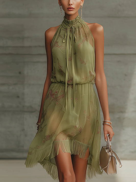 Mini Vestido de Gasa con Flor Verde y Cintura Alta