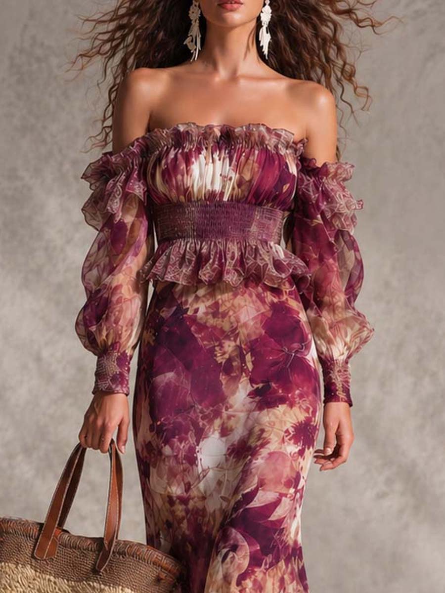 Vestido Maxi con Hombros Descubiertos en Rosa Antiguo con Motivo Floral