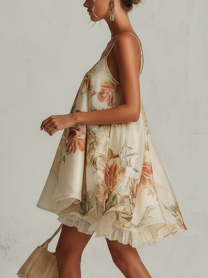 Mini vestido en línea A de organza floral beige con ribete de encaje