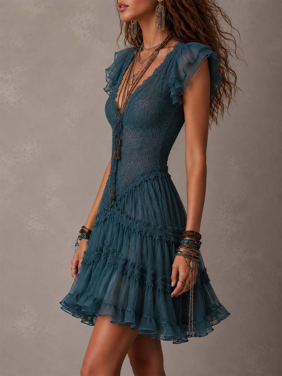 Mini Vestido con Volantes de Encaje Azul Retro y Gasa