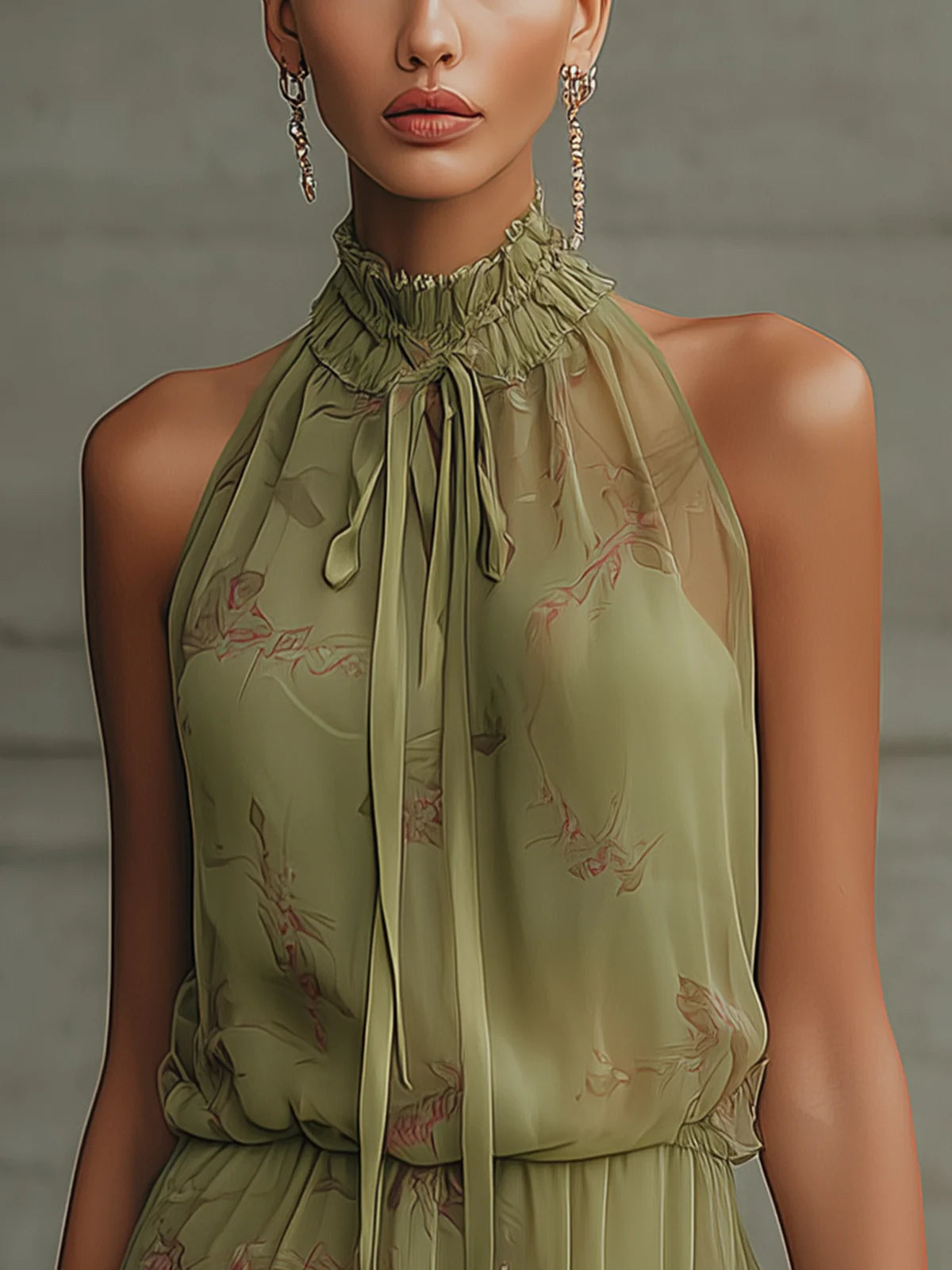 Mini Vestido de Gasa con Flor Verde y Cintura Alta