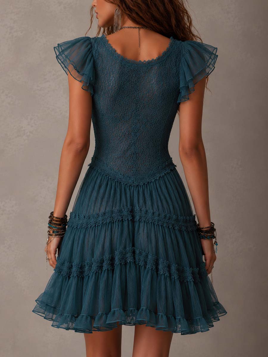 Mini Vestido con Volantes de Encaje Azul Retro y Gasa
