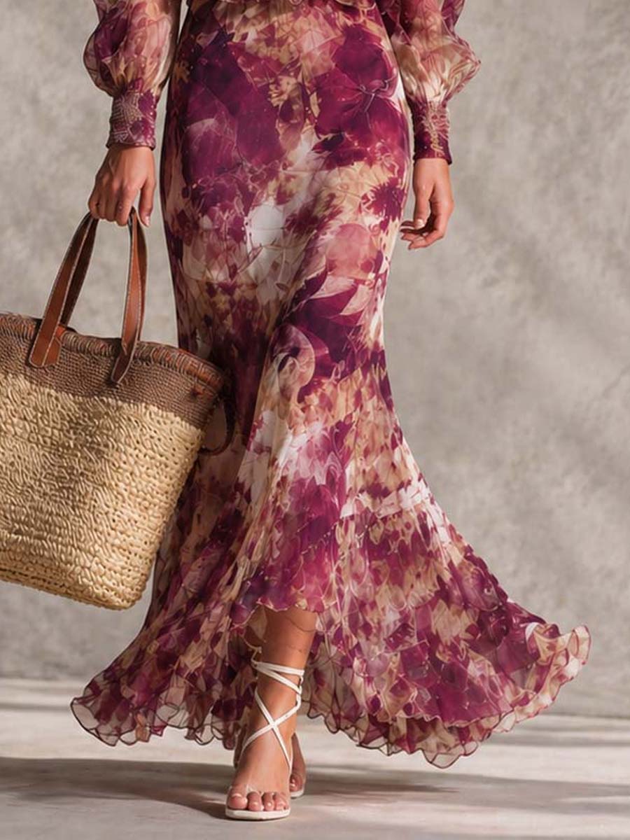 Vestido Maxi con Hombros Descubiertos en Rosa Antiguo con Motivo Floral
