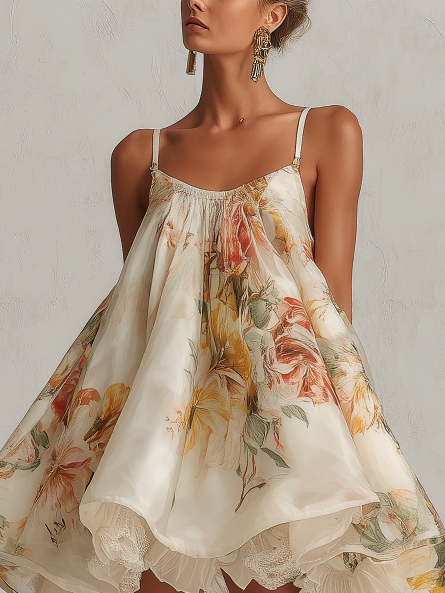 Mini vestido en línea A de organza floral beige con ribete de encaje
