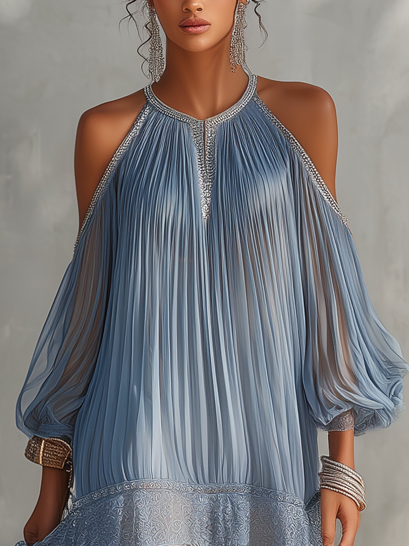 Mini Vestido Fruncido Azul con Hombros Descubiertos y Dobladillo de Encaje