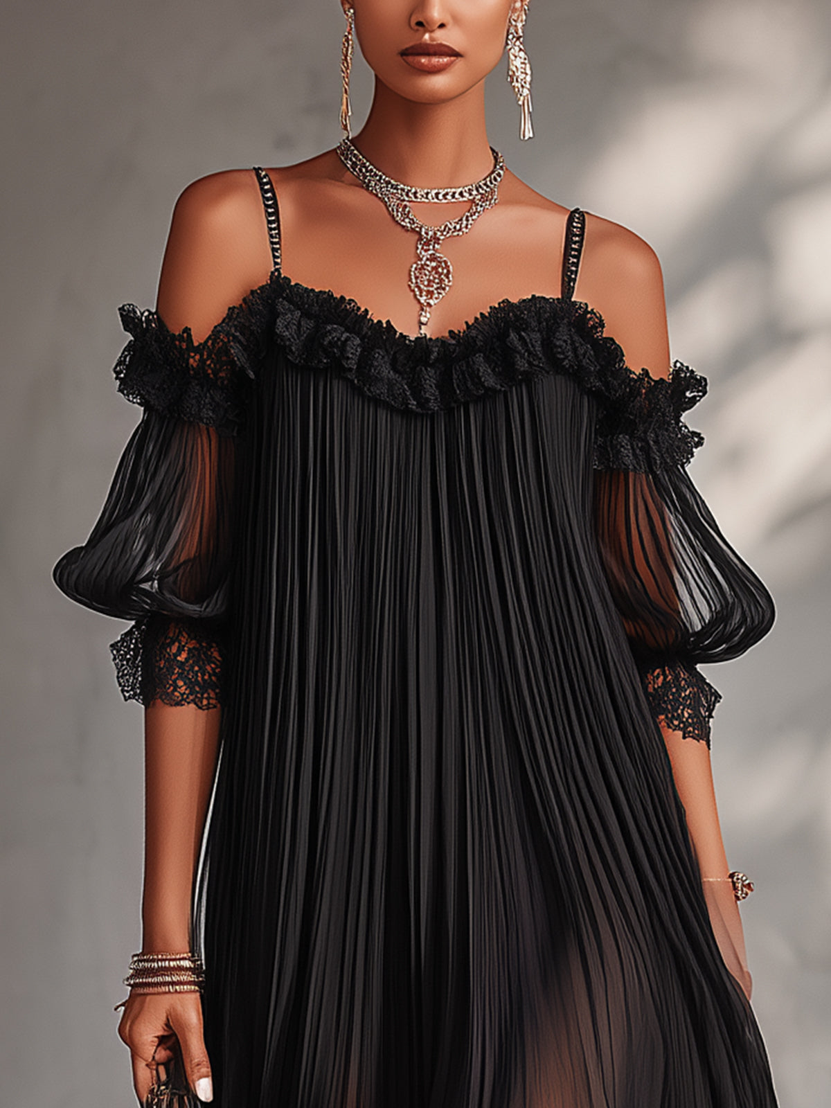 Mini Vestido Negro con Hombros Descubiertos y Borde de Encaje