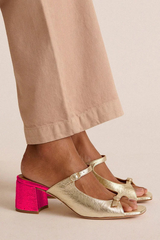 Tacones anchos slingback cut-out color block Oro