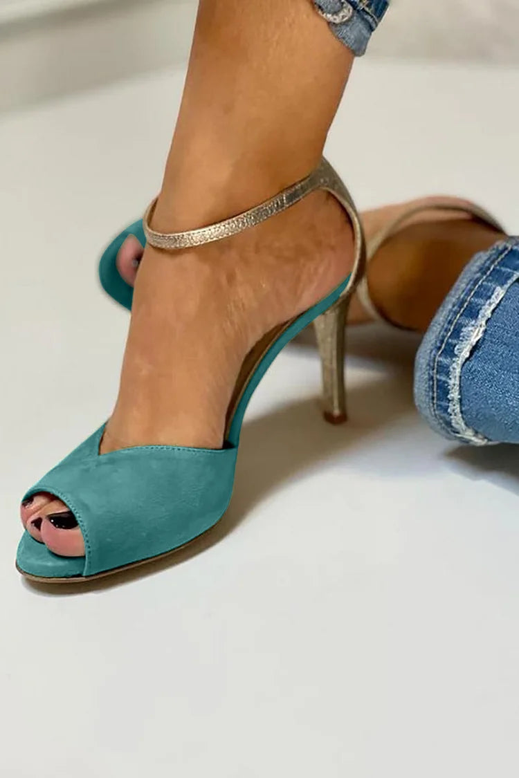 Tacones de aguja de punta abierta con glitter, tira al tobillo y hebilla
