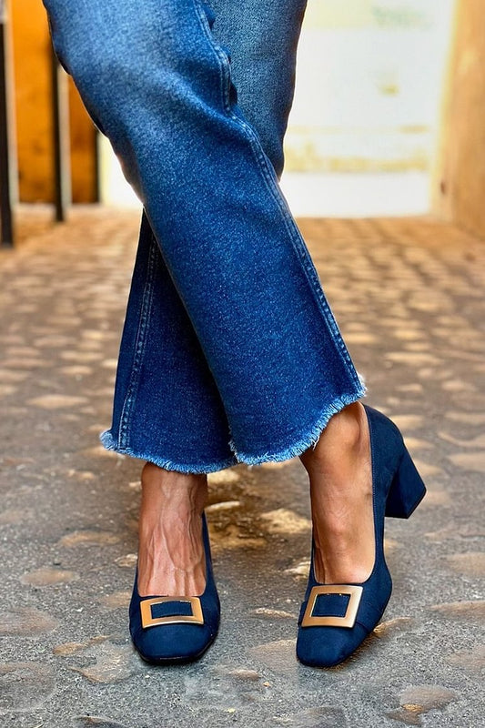 Tacones anchos patchwork Azul Marino en punta cuadrada