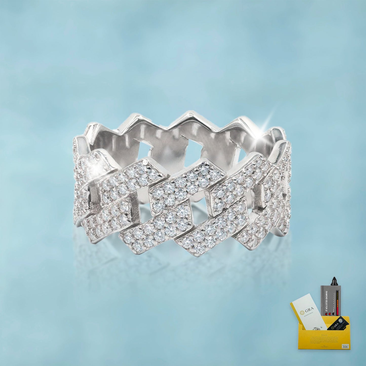 Anillo Ice Cubana Prong VVS Moissanite + Plata 925 Oro 18K