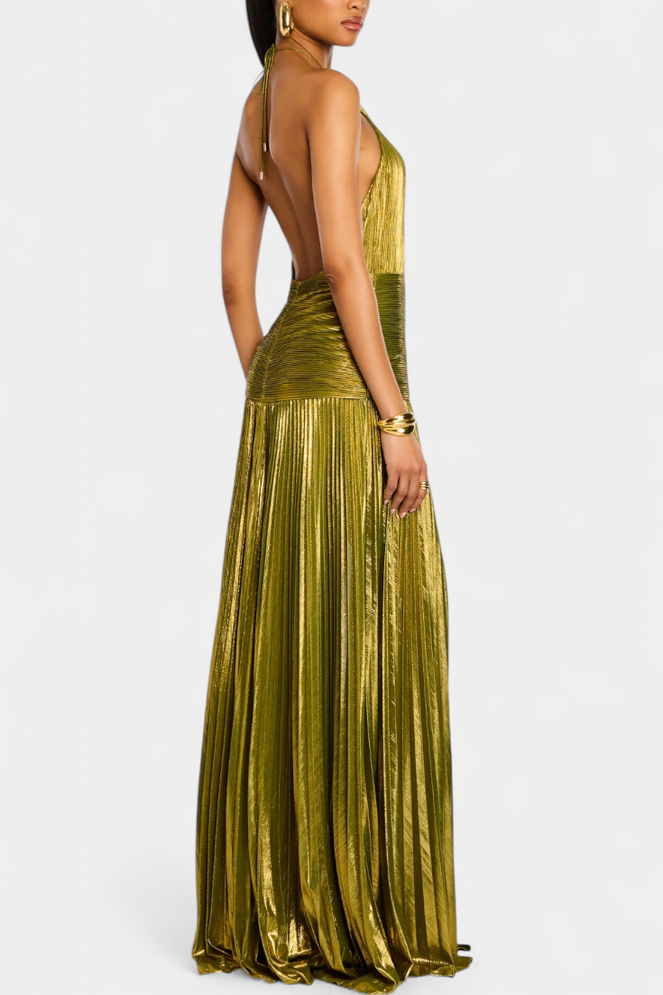 Emma | Vestido Halter con Espalda Abierta en Acabado Metálico