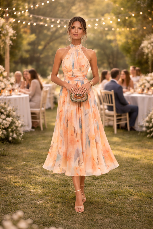 Esther | Vestido de Cuello Halter con Estampado de Acuarela