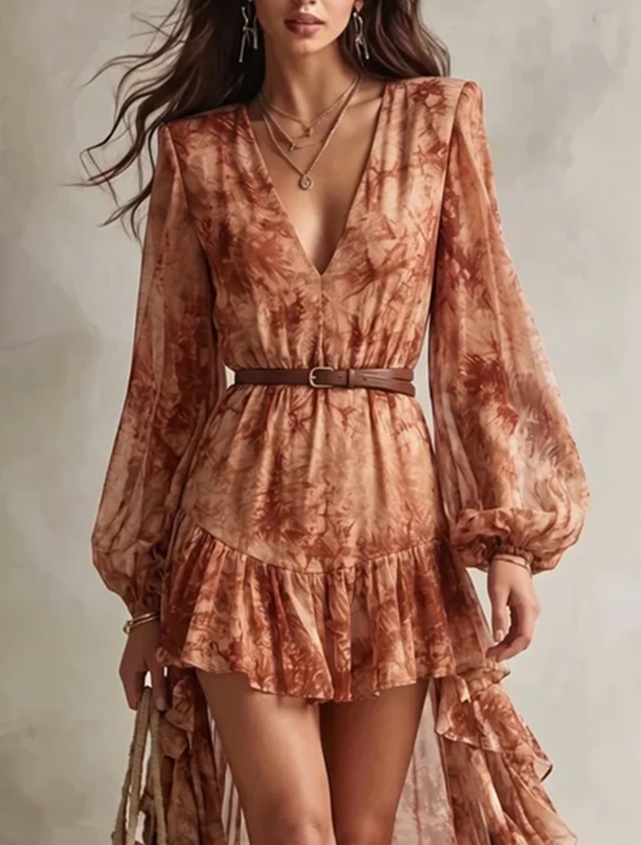 Mini Vestido de Manga Larga con Escote en V y Estampado Floral en Terracota
