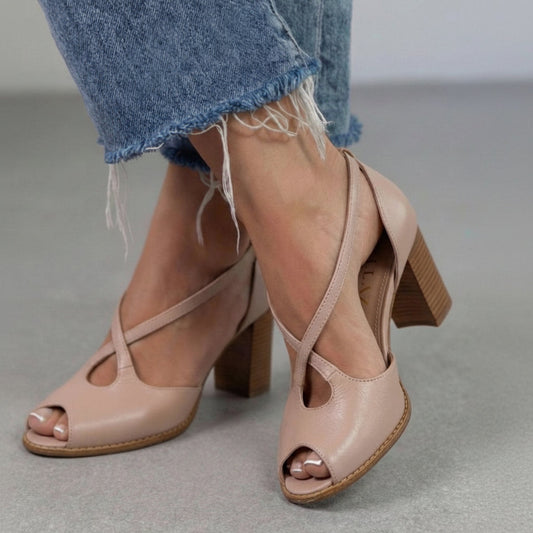 Sandalias elegantes Rosa Empolvado y Rosa en punta abierta con tiras cruzadas y tacón de bloque
