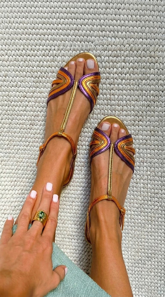 Sandalias peep toe metalizadas Morado y Oro con tira en T