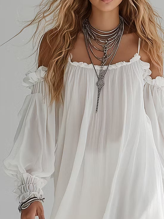 Mini Vestido Vaporoso de Estilo Bohemio con Hombros Descubiertos