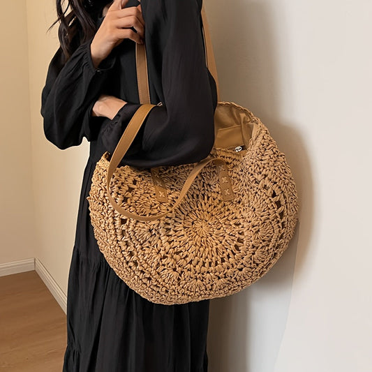 Lola | Bolso Redondo de Paja Trenzada con Motivo — Coñac