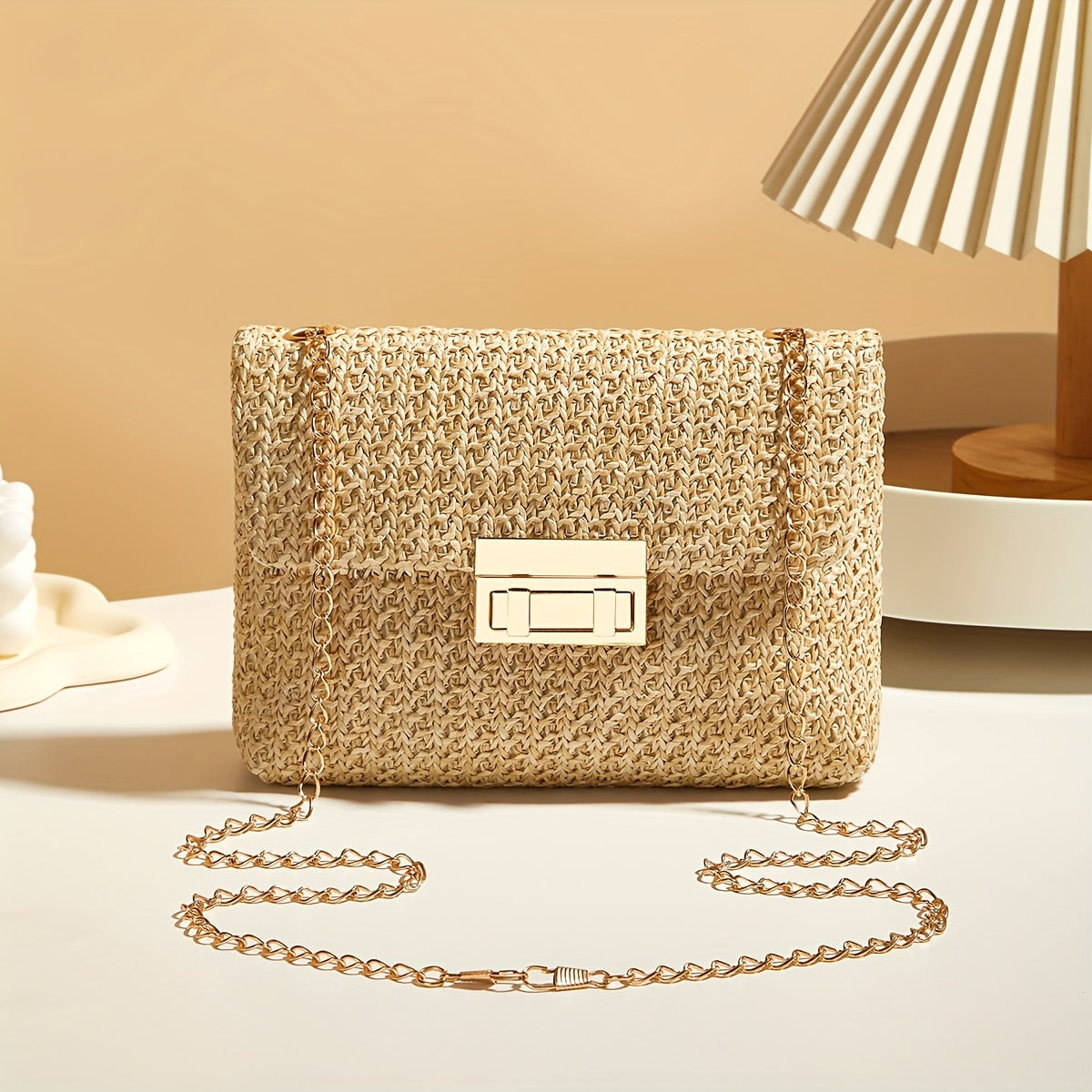 Domiziana | Bolso Bandolera Cuadrado de Paja Trenzada - Arena Claro
