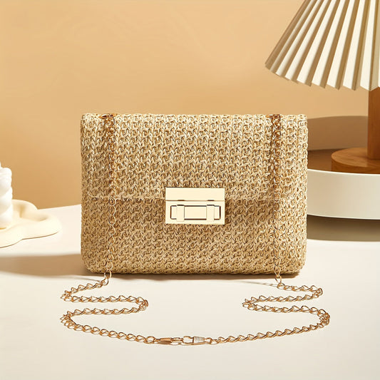 Domiziana | Bolso Bandolera Cuadrado de Paja Trenzada - Arena Claro