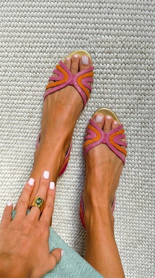 Sandalias peep toe bajas Naranja y Rosa con tiras