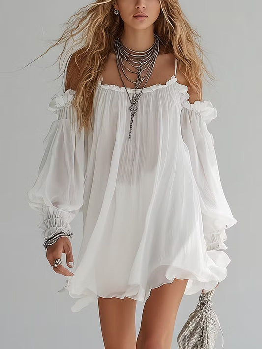 Mini Vestido Vaporoso de Estilo Bohemio con Hombros Descubiertos