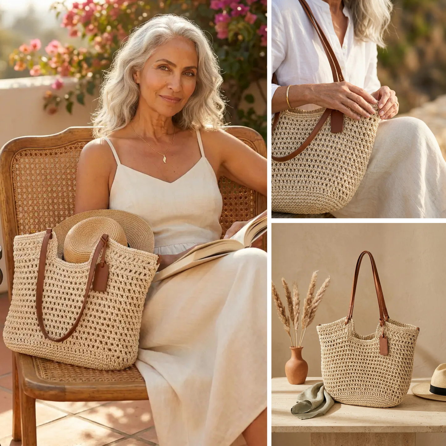 Alina | Bolso Shopper Trenzado a Mano a Ganchillo - Beige Claro