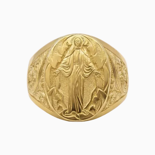 Anillo Sello Dorado con Imagen Religiosa en Relieve