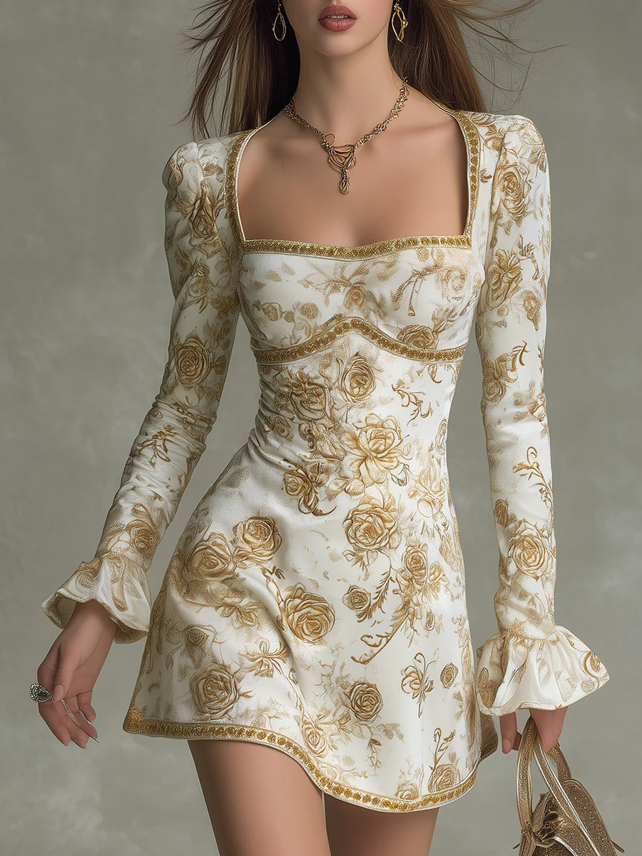Mini Vestido de Terciopelo con Estampado de Rosas de Estilo Vintage Elegante