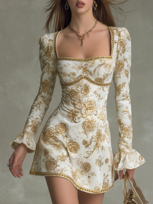 Mini Vestido de Terciopelo con Estampado de Rosas de Estilo Vintage Elegante
