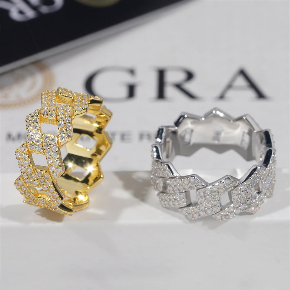 Anillo Ice Cubana Prong VVS Moissanite + Plata 925 Oro 18K