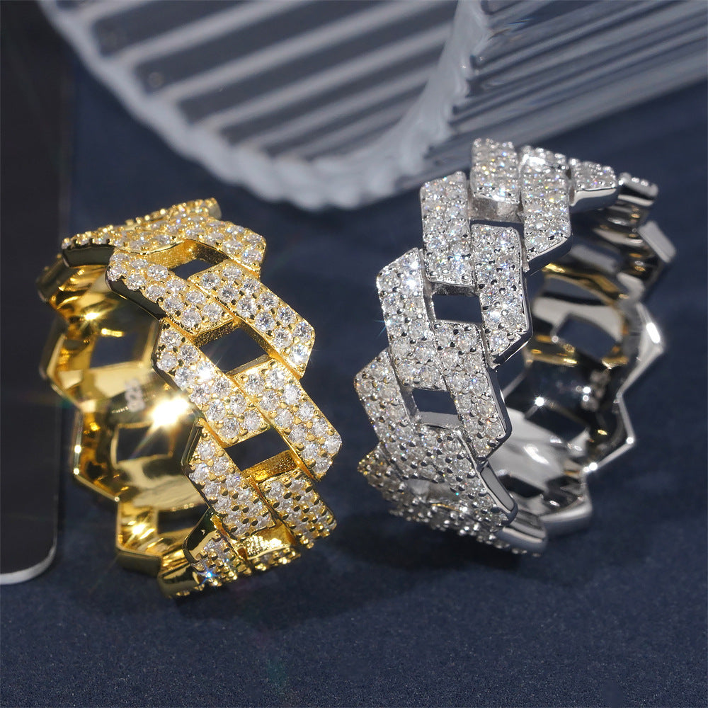 Anillo Ice Cubana Prong VVS Moissanite + Plata 925 Oro 18K