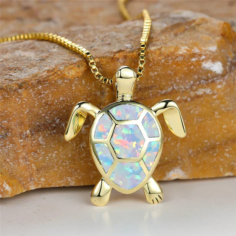 Collar colgante de tortuga en ópalo de fuego verde vintage