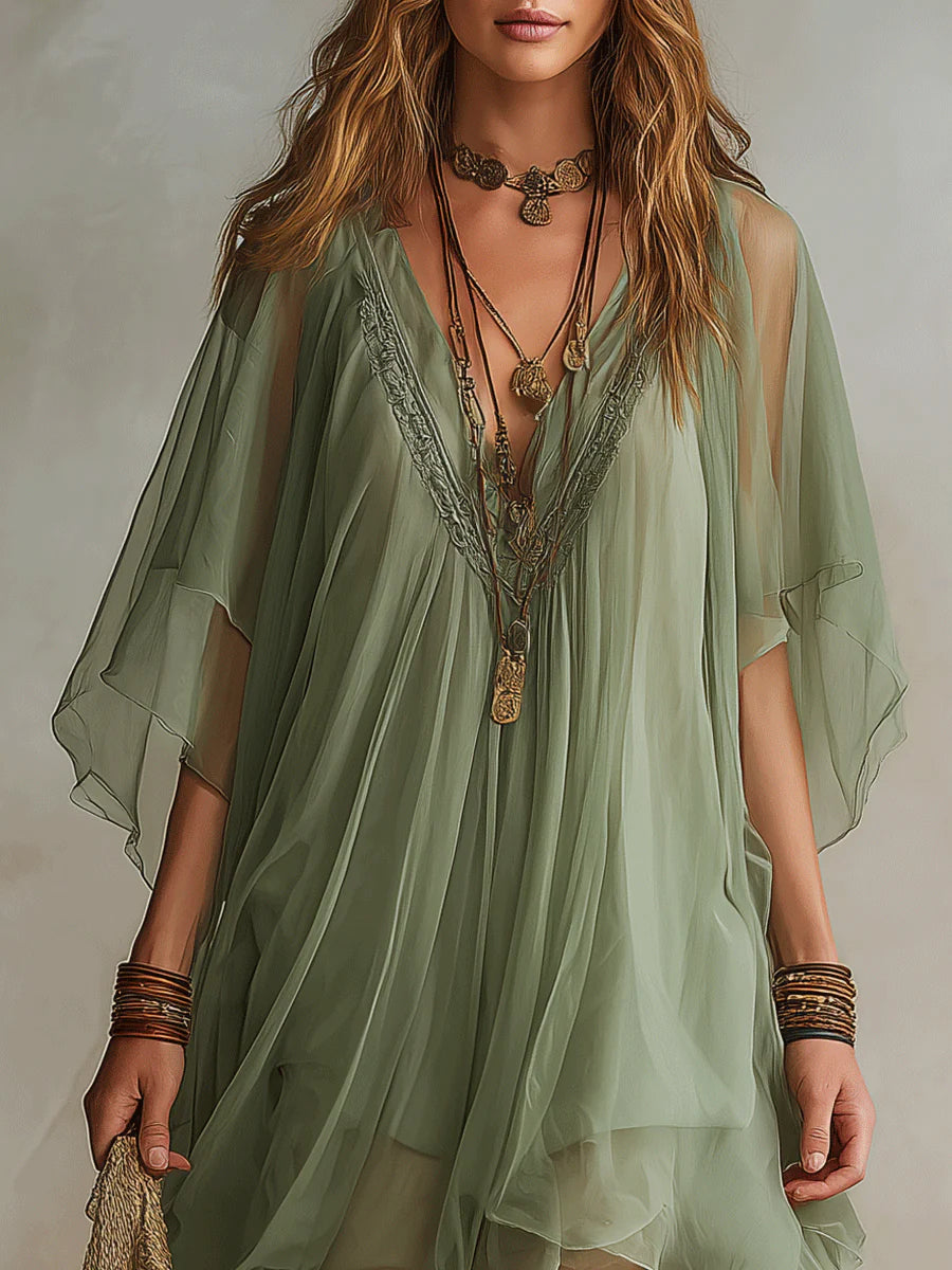 Mini vestido fluido en capas con escote en V verde