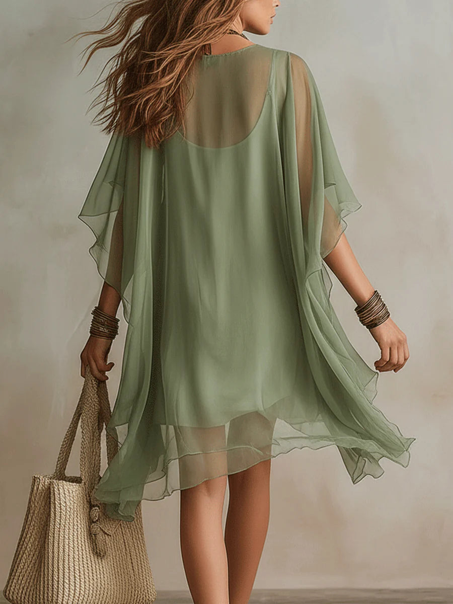 Mini vestido fluido en capas con escote en V verde