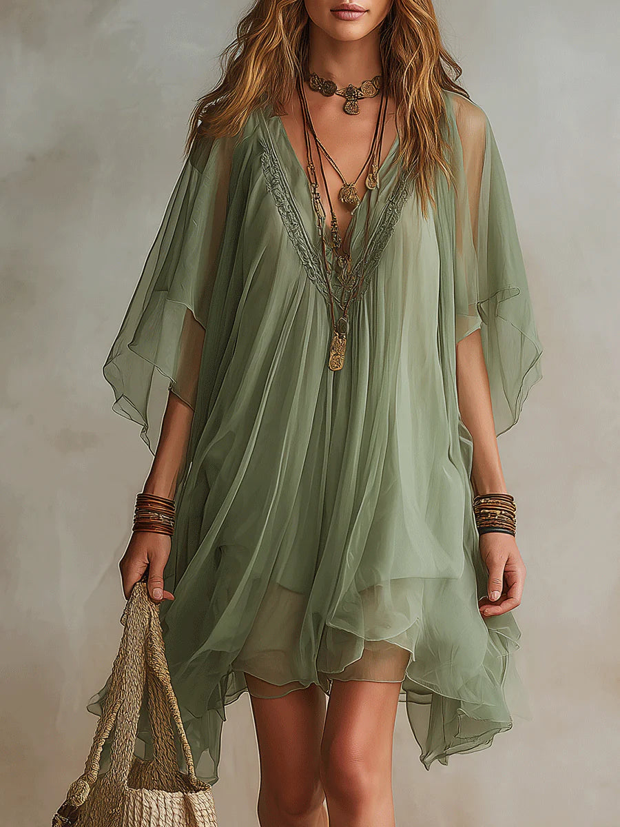 Mini vestido fluido en capas con escote en V verde