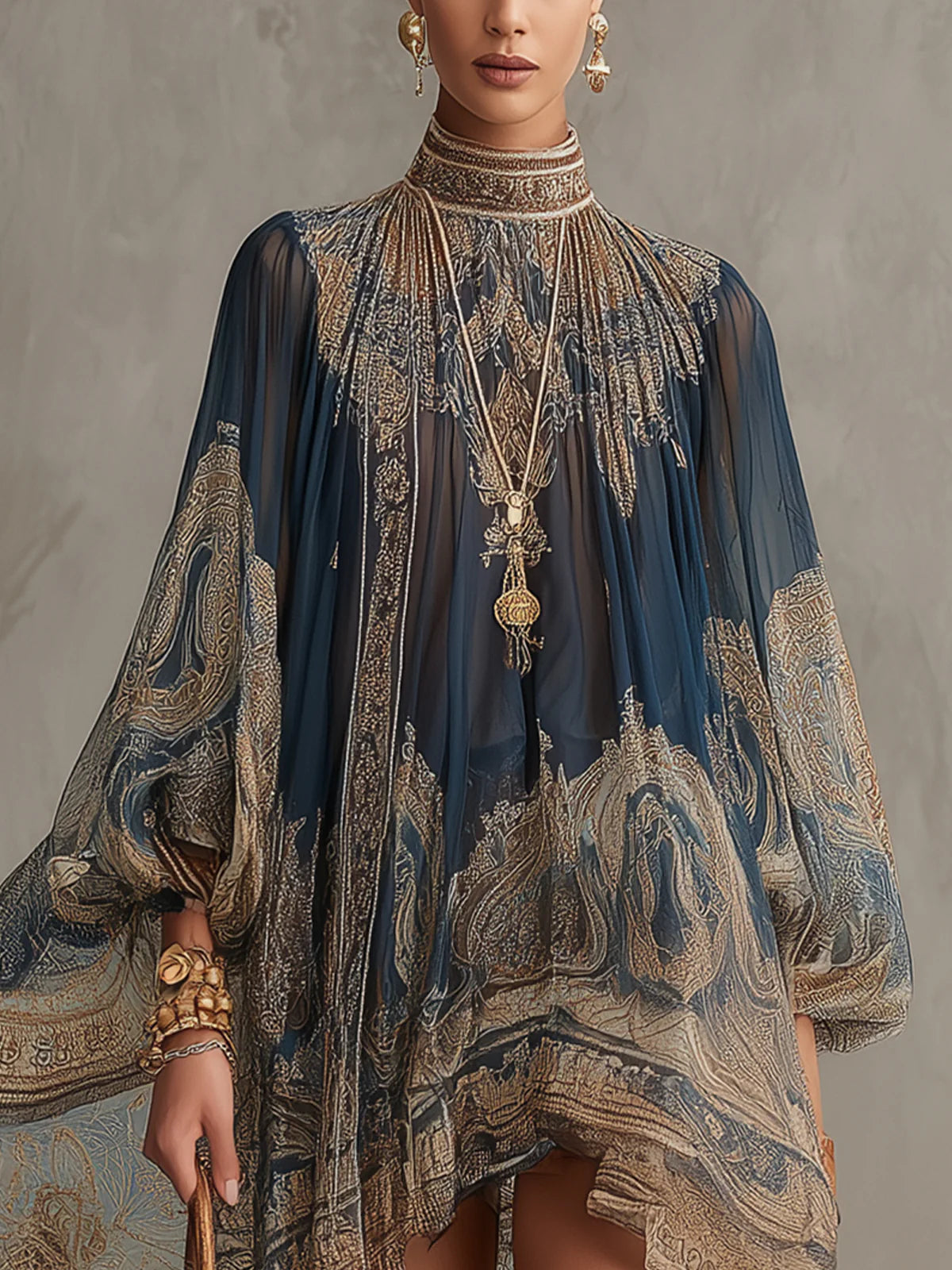 Mini Vestido Irregular con Estampado Barroco Azul Marino y Cuello Alto
