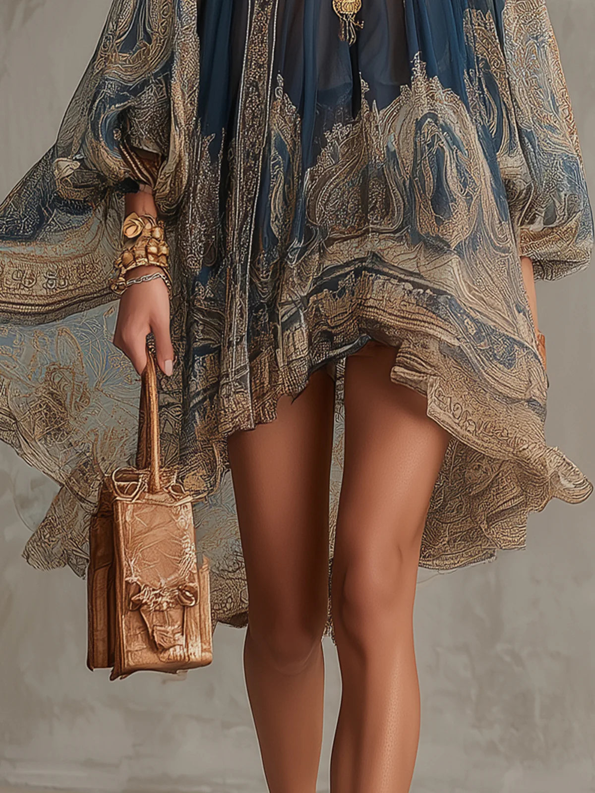 Mini Vestido Irregular con Estampado Barroco Azul Marino y Cuello Alto