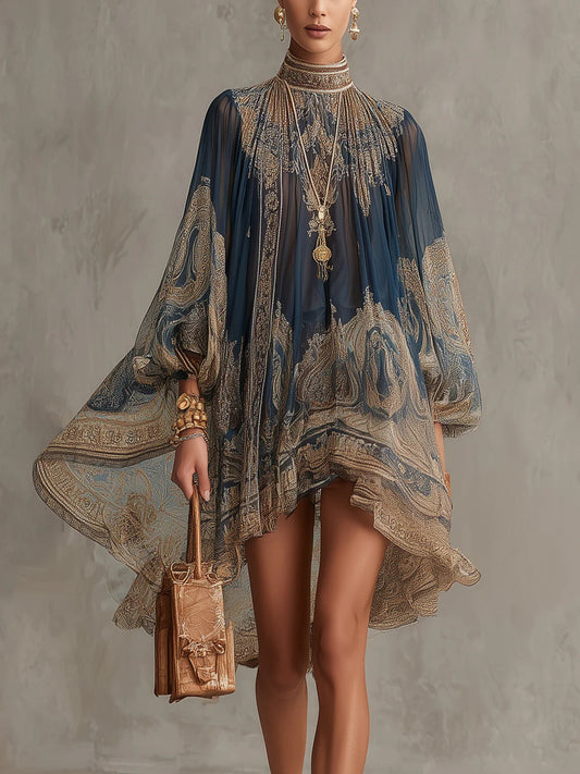 Mini Vestido Irregular con Estampado Barroco Azul Marino y Cuello Alto