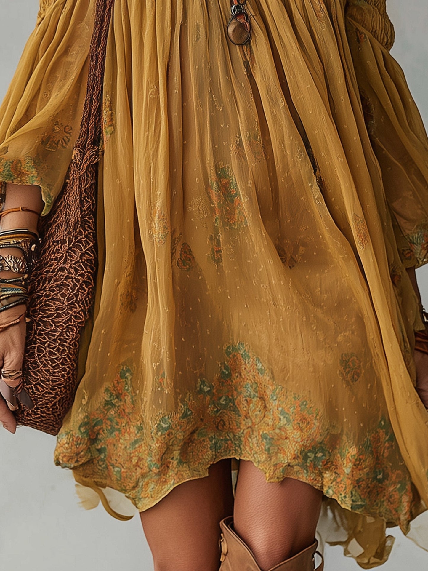 Mini Vestido Amarillo de Gasa Floral con Hombros Descubiertos