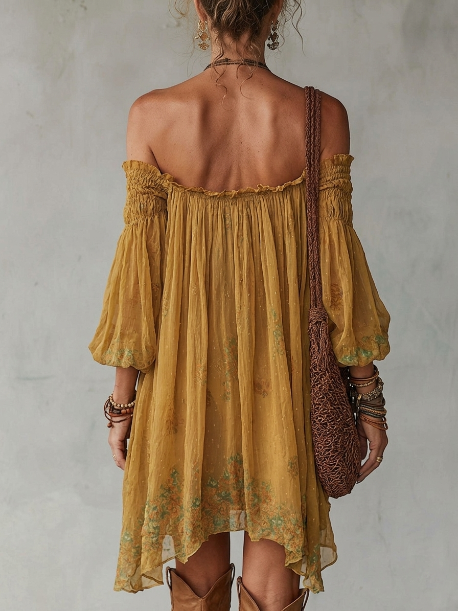 Mini Vestido Amarillo de Gasa Floral con Hombros Descubiertos